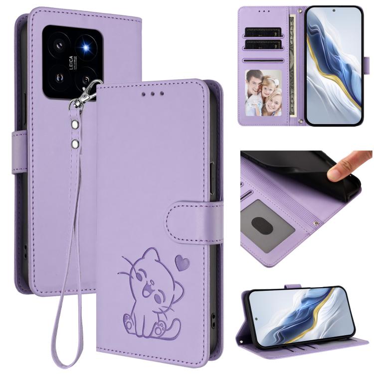 Embossed Heart Cat Leather Phone Case with Hand Strap, For Xiaomi 14 Pro 5G, For Xiaomi 14 5G, For Xiaomi 13T / 13T Pro 5G, For Xiaomi 13 Ultra