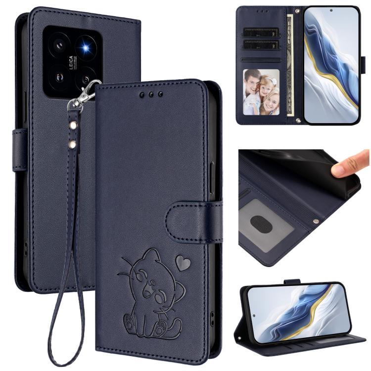 Embossed Heart Cat Leather Phone Case with Hand Strap, For Xiaomi 14 Pro 5G, For Xiaomi 14 5G, For Xiaomi 13T / 13T Pro 5G, For Xiaomi 13 Ultra