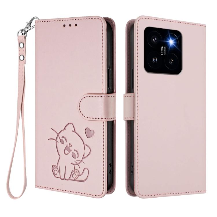 Embossed Heart Cat Leather Phone Case with Hand Strap, For Xiaomi 14 Pro 5G, For Xiaomi 14 5G, For Xiaomi 13T / 13T Pro 5G, For Xiaomi 13 Ultra