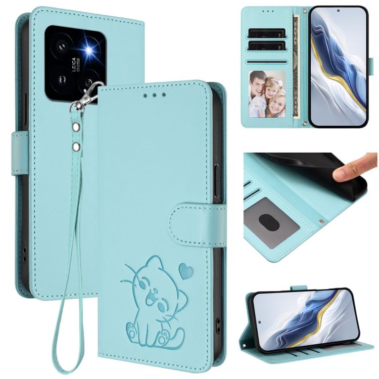 Embossed Heart Cat Leather Phone Case with Hand Strap, For Xiaomi 14 Pro 5G, For Xiaomi 14 5G, For Xiaomi 13T / 13T Pro 5G, For Xiaomi 13 Ultra