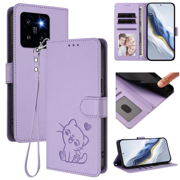 Embossed Heart Cat Leather Phone Case with Hand Strap, For Xiaomi 14 Pro 5G, For Xiaomi 14 5G, For Xiaomi 13T / 13T Pro 5G, For Xiaomi 13 Ultra