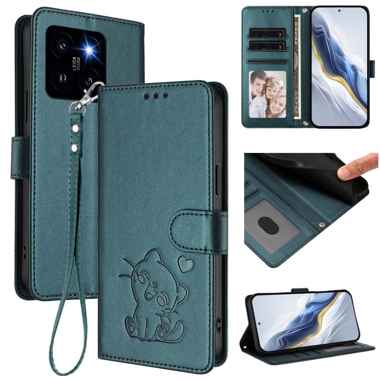 Embossed Heart Cat Leather Phone Case with Hand Strap, For Xiaomi 14 Pro 5G, For Xiaomi 14 5G, For Xiaomi 13T / 13T Pro 5G, For Xiaomi 13 Ultra