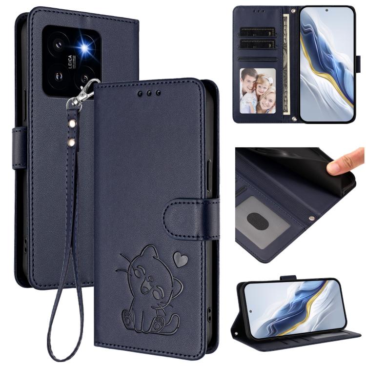 Embossed Heart Cat Leather Phone Case with Hand Strap, For Xiaomi 14 Pro 5G, For Xiaomi 14 5G, For Xiaomi 13T / 13T Pro 5G, For Xiaomi 13 Ultra