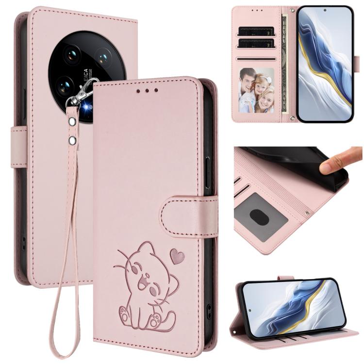 Embossed Heart Cat Leather Phone Case with Hand Strap, For Xiaomi Poco F6 Pro 5G, For Xiaomi Poco X6 Neo 5G, For Xiaomi Poco X6 Pro 5G / Redmi K70E 5G, For Xiaomi 14 Ultra 5G