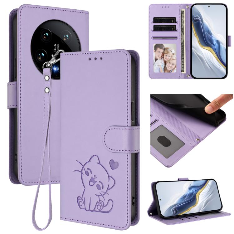 Embossed Heart Cat Leather Phone Case with Hand Strap, For Xiaomi Poco F6 Pro 5G, For Xiaomi Poco X6 Neo 5G, For Xiaomi Poco X6 Pro 5G / Redmi K70E 5G, For Xiaomi 14 Ultra 5G