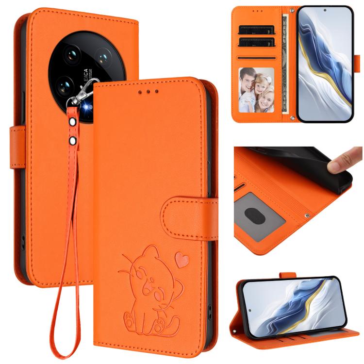 Embossed Heart Cat Leather Phone Case with Hand Strap, For Xiaomi Poco F6 Pro 5G, For Xiaomi Poco X6 Neo 5G, For Xiaomi Poco X6 Pro 5G / Redmi K70E 5G, For Xiaomi 14 Ultra 5G