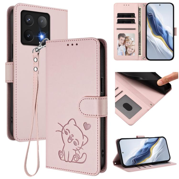 Embossed Heart Cat Leather Phone Case with Hand Strap, For Xiaomi 15, For Xiaomi 14T Pro 5G, For Xiaomi 14T 5G, For Xiaomi Poco F6 5G