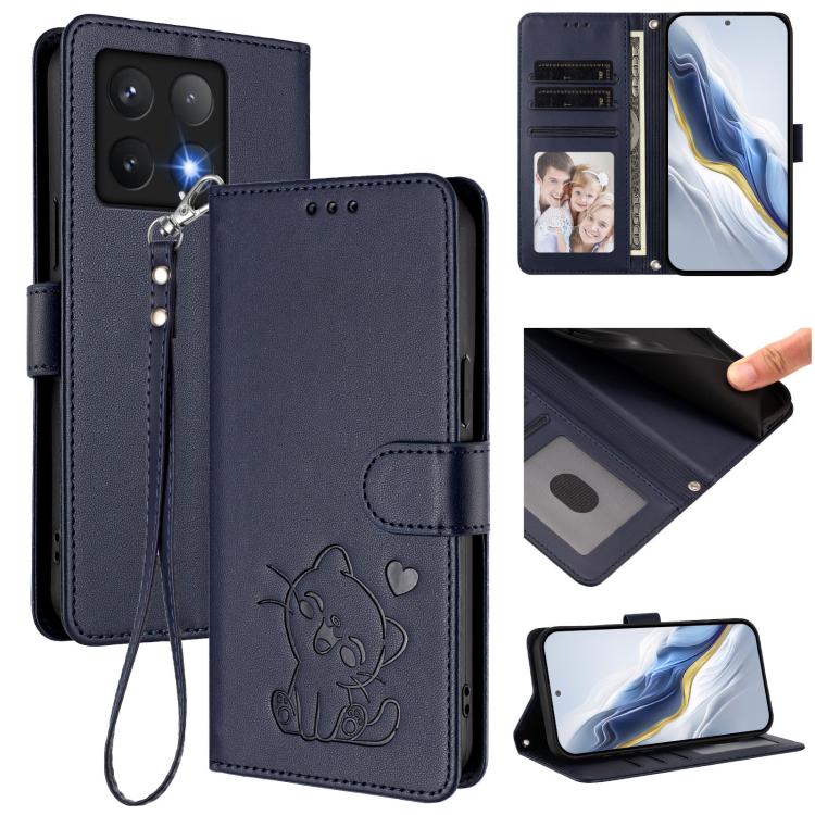 Embossed Heart Cat Leather Phone Case with Hand Strap, For Xiaomi 15, For Xiaomi 14T Pro 5G, For Xiaomi 14T 5G, For Xiaomi Poco F6 5G