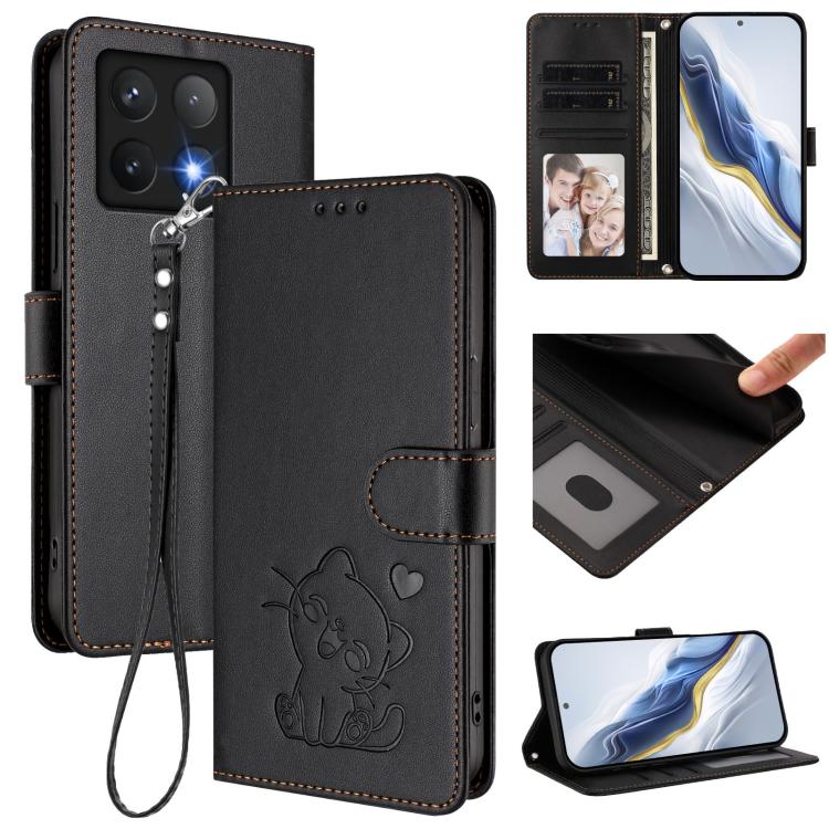 Embossed Heart Cat Leather Phone Case with Hand Strap, For Xiaomi 15, For Xiaomi 14T Pro 5G, For Xiaomi 14T 5G, For Xiaomi Poco F6 5G