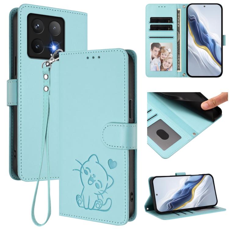 Embossed Heart Cat Leather Phone Case with Hand Strap, For Xiaomi 15, For Xiaomi 14T Pro 5G, For Xiaomi 14T 5G, For Xiaomi Poco F6 5G