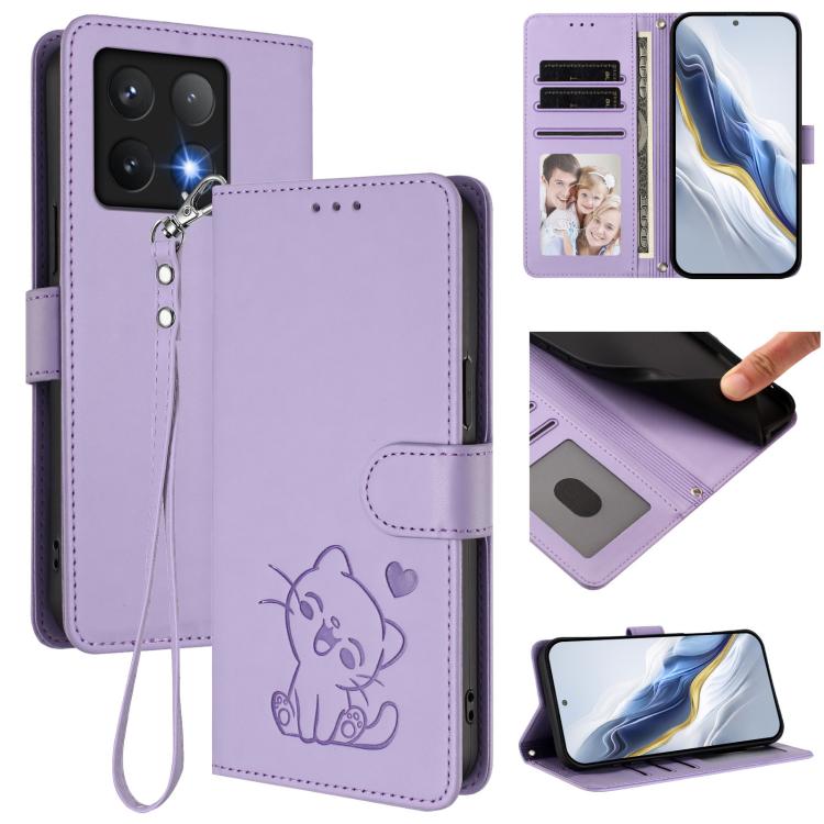 Embossed Heart Cat Leather Phone Case with Hand Strap, For Xiaomi 15, For Xiaomi 14T Pro 5G, For Xiaomi 14T 5G, For Xiaomi Poco F6 5G