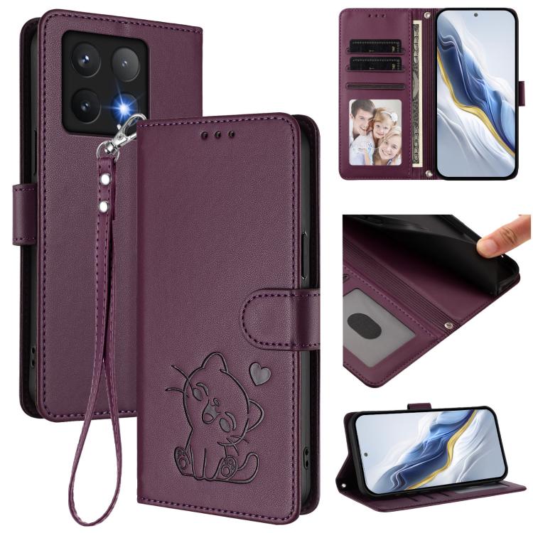 Embossed Heart Cat Leather Phone Case with Hand Strap, For Xiaomi 15, For Xiaomi 14T Pro 5G, For Xiaomi 14T 5G, For Xiaomi Poco F6 5G