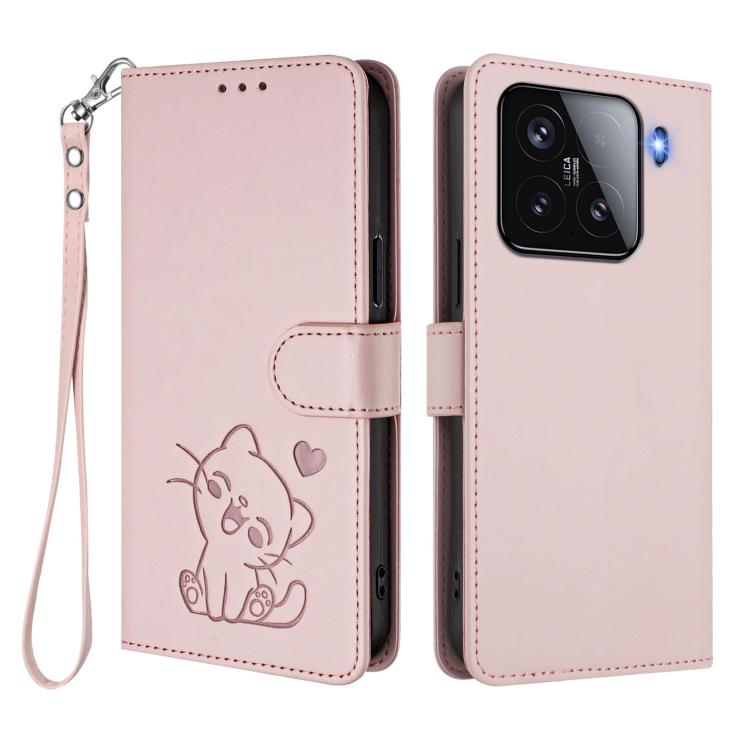 Embossed Heart Cat Leather Phone Case with Hand Strap, For Xiaomi 15, For Xiaomi 14T Pro 5G, For Xiaomi 14T 5G, For Xiaomi Poco F6 5G