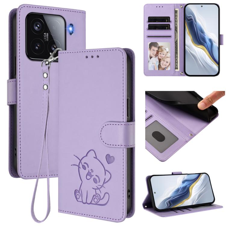 Embossed Heart Cat Leather Phone Case with Hand Strap, For Xiaomi 15, For Xiaomi 14T Pro 5G, For Xiaomi 14T 5G, For Xiaomi Poco F6 5G