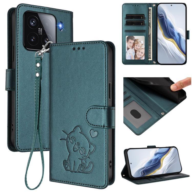 Embossed Heart Cat Leather Phone Case with Hand Strap, For Xiaomi 15, For Xiaomi 14T Pro 5G, For Xiaomi 14T 5G, For Xiaomi Poco F6 5G