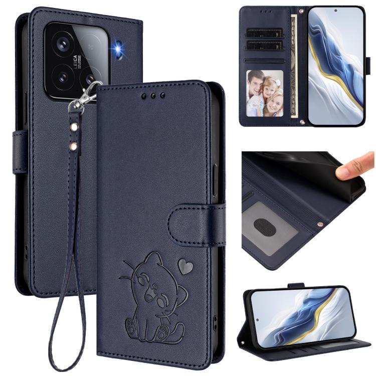 Embossed Heart Cat Leather Phone Case with Hand Strap, For Xiaomi 15, For Xiaomi 14T Pro 5G, For Xiaomi 14T 5G, For Xiaomi Poco F6 5G