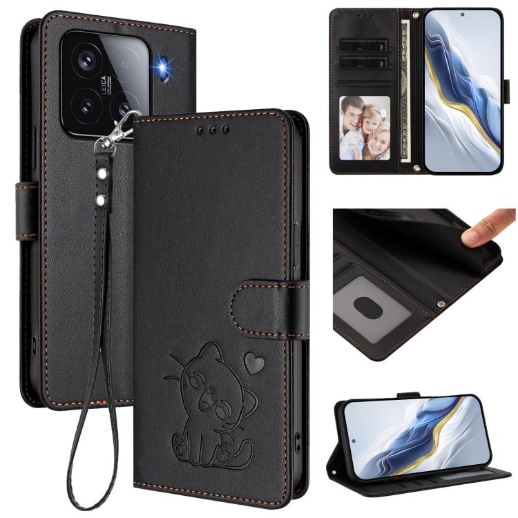 Embossed Heart Cat Leather Phone Case with Hand Strap, For Xiaomi 15, For Xiaomi 14T Pro 5G, For Xiaomi 14T 5G, For Xiaomi Poco F6 5G