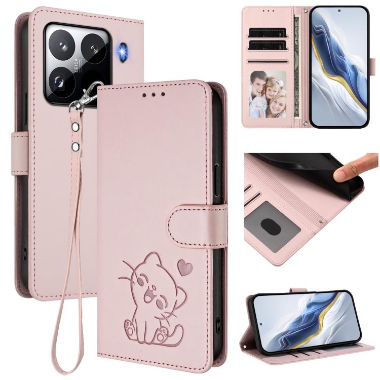 Embossed Heart Cat Leather Phone Case with Hand Strap, For Xiaomi Poco F7 Pro 5G / Redmi K80, For Xiaomi 15 Ultra, For Xiaomi Poco X7 Pro 5G / Redmi Turbo 4 5G, For Xiaomi 15 Pro
