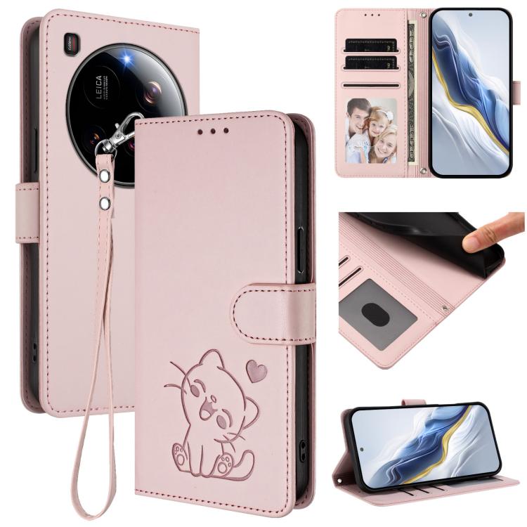 Embossed Heart Cat Leather Phone Case with Hand Strap, For Xiaomi Poco F7 Pro 5G / Redmi K80, For Xiaomi 15 Ultra, For Xiaomi Poco X7 Pro 5G / Redmi Turbo 4 5G, For Xiaomi 15 Pro