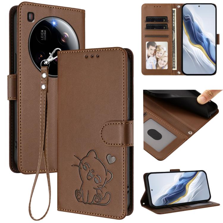 Embossed Heart Cat Leather Phone Case with Hand Strap, For Xiaomi Poco F7 Pro 5G / Redmi K80, For Xiaomi 15 Ultra, For Xiaomi Poco X7 Pro 5G / Redmi Turbo 4 5G, For Xiaomi 15 Pro