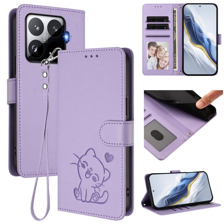 Embossed Heart Cat Leather Phone Case with Hand Strap, For Xiaomi 17 Max 5G, For Xiaomi 17T Pro 5G, For Xiaomi 15T Pro 5G, For Xiaomi 15T 5G