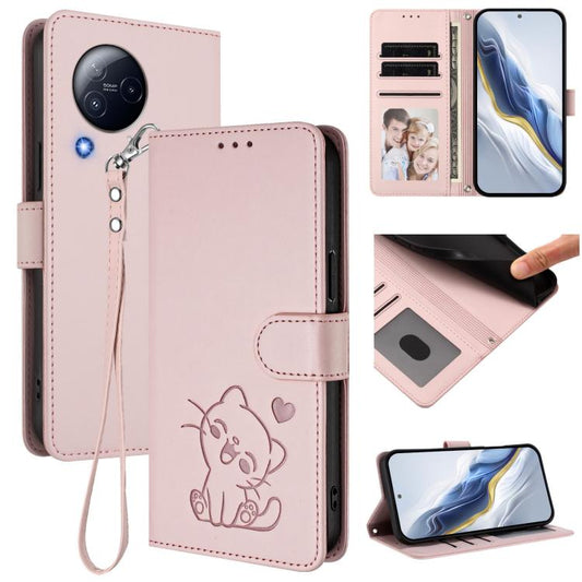 Embossed Heart Cat Leather Phone Case with Hand Strap, For Xiaomi Civi 3 5G, For Xiaomi 13 Lite 5G / Civi 2, For Xiaomi 13 Pro 5G, For Xiaomi 13 5G