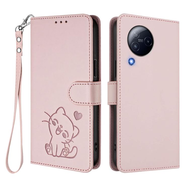 Embossed Heart Cat Leather Phone Case with Hand Strap, For Xiaomi Civi 3 5G, For Xiaomi 13 Lite 5G / Civi 2, For Xiaomi 13 Pro 5G, For Xiaomi 13 5G