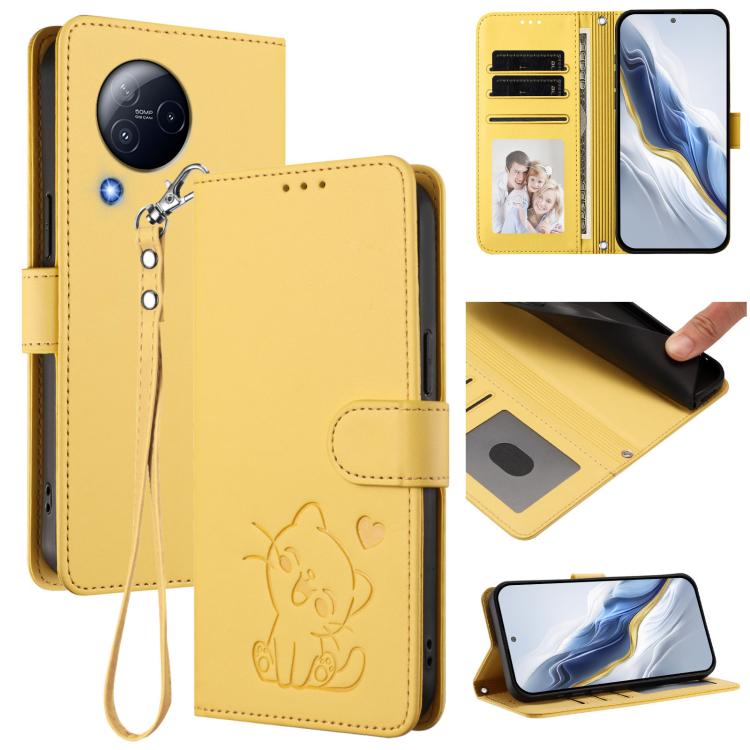 Embossed Heart Cat Leather Phone Case with Hand Strap, For Xiaomi Civi 3 5G, For Xiaomi 13 Lite 5G / Civi 2, For Xiaomi 13 Pro 5G, For Xiaomi 13 5G