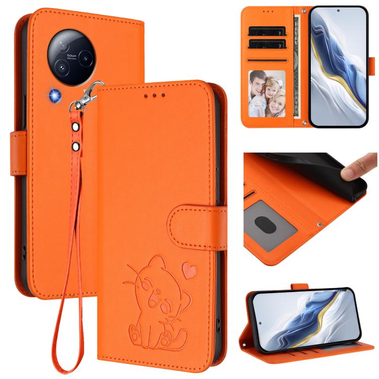 Embossed Heart Cat Leather Phone Case with Hand Strap, For Xiaomi Civi 3 5G, For Xiaomi 13 Lite 5G / Civi 2, For Xiaomi 13 Pro 5G, For Xiaomi 13 5G