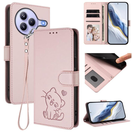 Embossed Heart Cat Leather Phone Case with Hand Strap, For Xiaomi Civi 5 Pro 5G, For Xiaomi 15S Pro 5G, For Xiaomi Poco F7 5G / Redmi Turbo 4 Pro 5G, For Xiaomi Poco F7 Ultra 5G / Redmi K80 Pro
