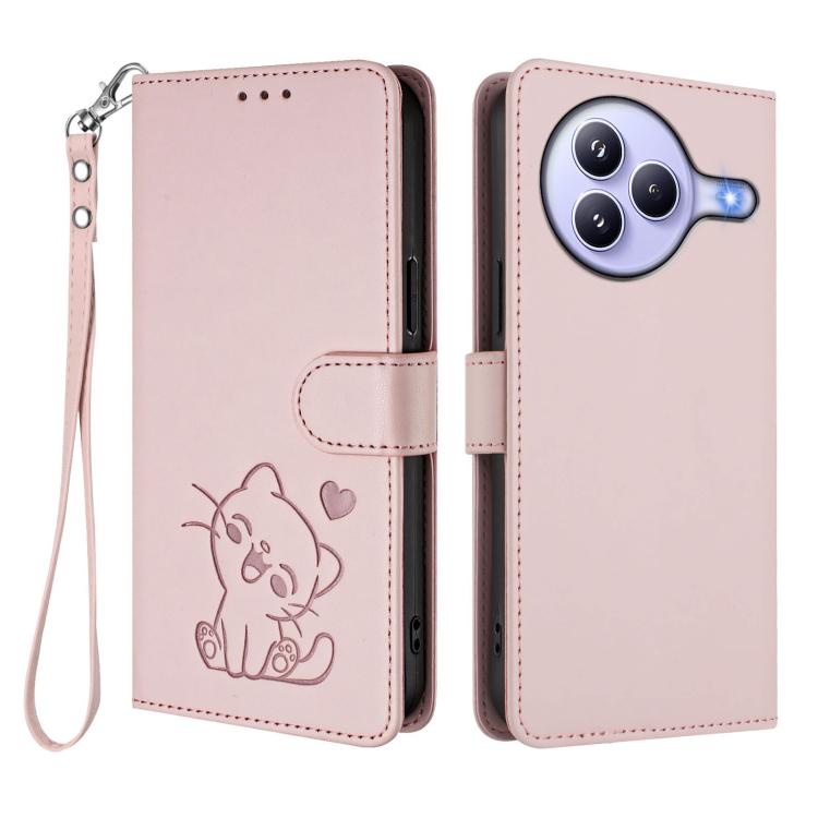 Embossed Heart Cat Leather Phone Case with Hand Strap, For Xiaomi Civi 5 Pro 5G, For Xiaomi 15S Pro 5G, For Xiaomi Poco F7 5G / Redmi Turbo 4 Pro 5G, For Xiaomi Poco F7 Ultra 5G / Redmi K80 Pro