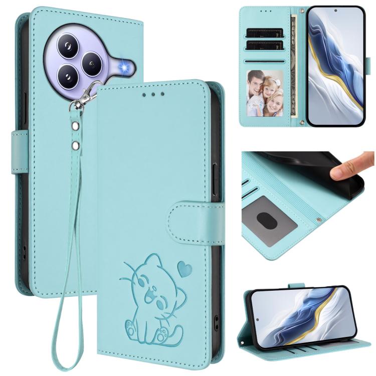 Embossed Heart Cat Leather Phone Case with Hand Strap, For Xiaomi Civi 5 Pro 5G, For Xiaomi 15S Pro 5G, For Xiaomi Poco F7 5G / Redmi Turbo 4 Pro 5G, For Xiaomi Poco F7 Ultra 5G / Redmi K80 Pro