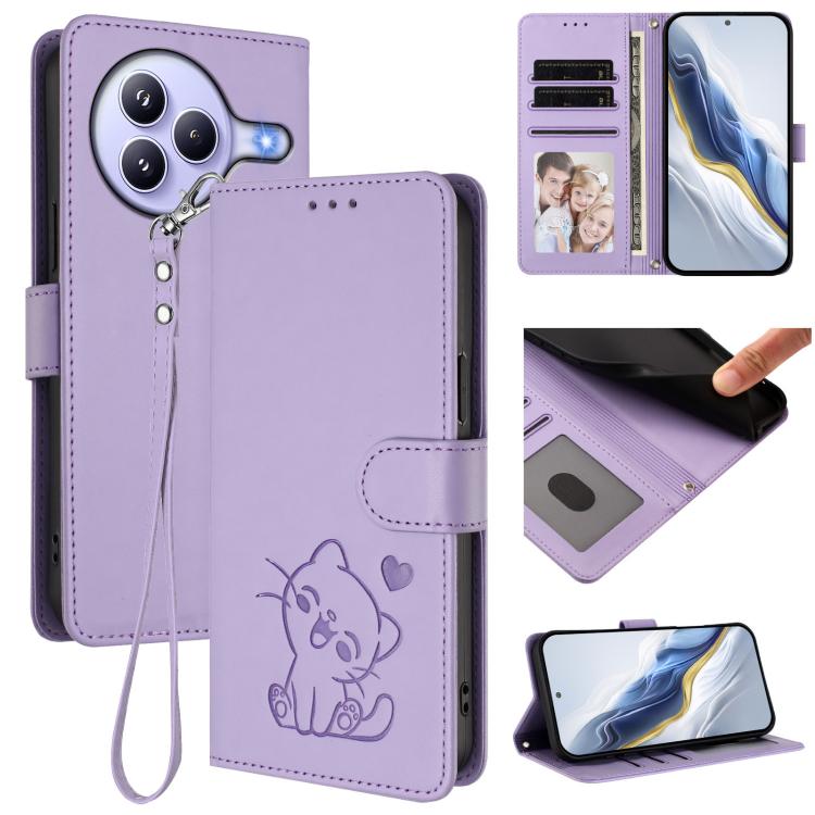 Embossed Heart Cat Leather Phone Case with Hand Strap, For Xiaomi Civi 5 Pro 5G, For Xiaomi 15S Pro 5G, For Xiaomi Poco F7 5G / Redmi Turbo 4 Pro 5G, For Xiaomi Poco F7 Ultra 5G / Redmi K80 Pro