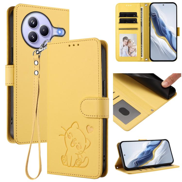 Embossed Heart Cat Leather Phone Case with Hand Strap, For Xiaomi Civi 5 Pro 5G, For Xiaomi 15S Pro 5G, For Xiaomi Poco F7 5G / Redmi Turbo 4 Pro 5G, For Xiaomi Poco F7 Ultra 5G / Redmi K80 Pro