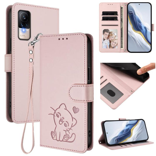 Embossed Heart Cat Leather Phone Case with Hand Strap, For Xiaomi Civi 1S, For Xiaomi Poco M4 Pro 4G, For Xiaomi Poco X4 Pro 5G