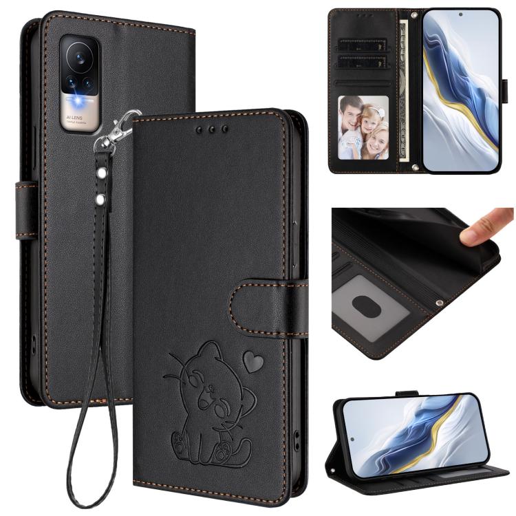 Embossed Heart Cat Leather Phone Case with Hand Strap, For Xiaomi Civi 1S, For Xiaomi Poco M4 Pro 4G, For Xiaomi Poco X4 Pro 5G