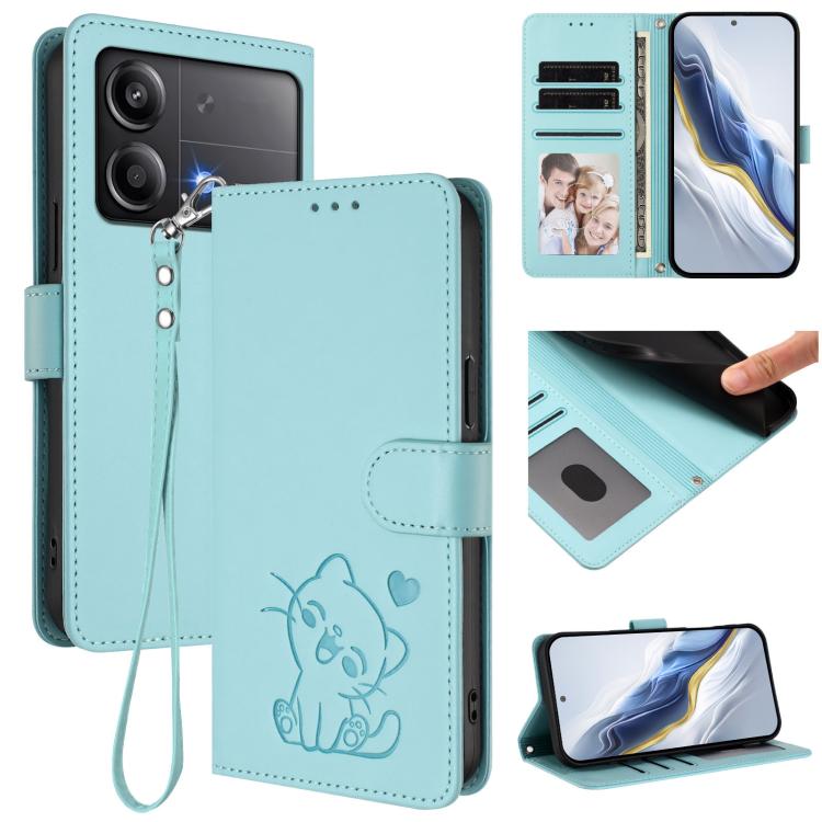 Embossed Heart Cat Leather Phone Case with Hand Strap, For Xiaomi Poco F6 Pro 5G, For Xiaomi Poco X6 Neo 5G, For Xiaomi Poco X6 Pro 5G / Redmi K70E 5G, For Xiaomi 14 Ultra 5G