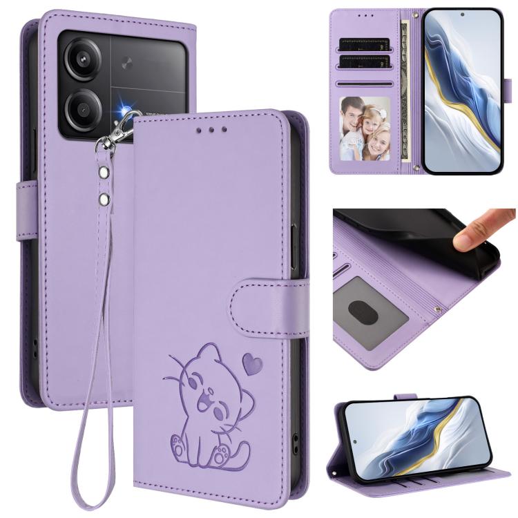 Embossed Heart Cat Leather Phone Case with Hand Strap, For Xiaomi Poco F6 Pro 5G, For Xiaomi Poco X6 Neo 5G, For Xiaomi Poco X6 Pro 5G / Redmi K70E 5G, For Xiaomi 14 Ultra 5G