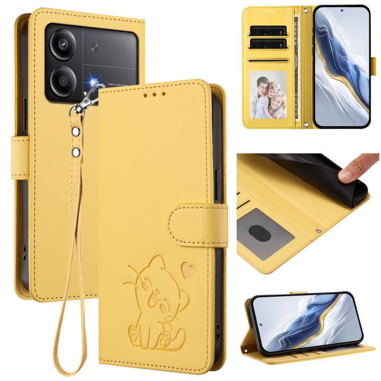 Embossed Heart Cat Leather Phone Case with Hand Strap, For Xiaomi Poco F6 Pro 5G, For Xiaomi Poco X6 Neo 5G, For Xiaomi Poco X6 Pro 5G / Redmi K70E 5G, For Xiaomi 14 Ultra 5G