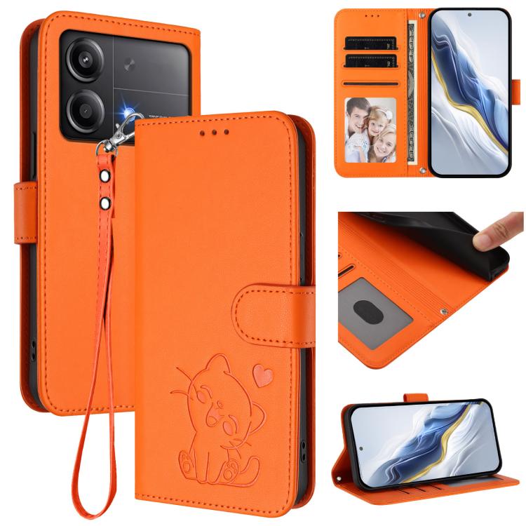 Embossed Heart Cat Leather Phone Case with Hand Strap, For Xiaomi Poco F6 Pro 5G, For Xiaomi Poco X6 Neo 5G, For Xiaomi Poco X6 Pro 5G / Redmi K70E 5G, For Xiaomi 14 Ultra 5G