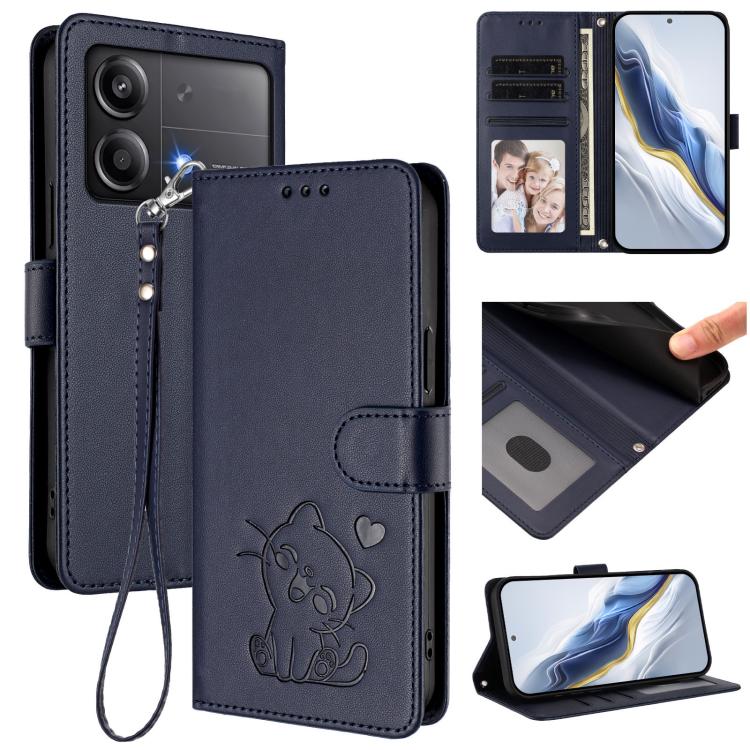 Embossed Heart Cat Leather Phone Case with Hand Strap, For Xiaomi Poco F6 Pro 5G, For Xiaomi Poco X6 Neo 5G, For Xiaomi Poco X6 Pro 5G / Redmi K70E 5G, For Xiaomi 14 Ultra 5G