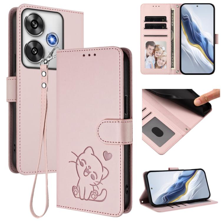 Embossed Heart Cat Leather Phone Case with Hand Strap, For Xiaomi 15, For Xiaomi 14T Pro 5G, For Xiaomi 14T 5G, For Xiaomi Poco F6 5G