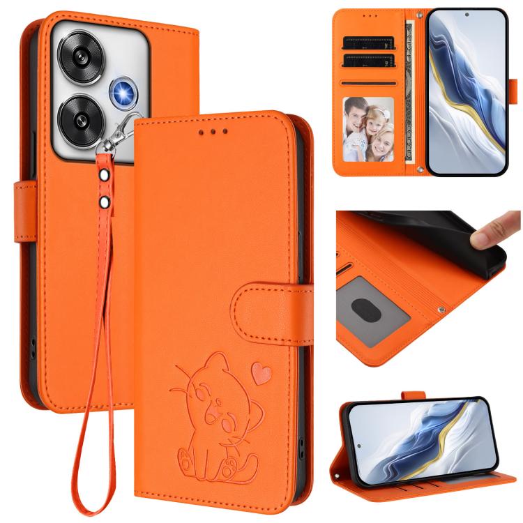 Embossed Heart Cat Leather Phone Case with Hand Strap, For Xiaomi 15, For Xiaomi 14T Pro 5G, For Xiaomi 14T 5G, For Xiaomi Poco F6 5G