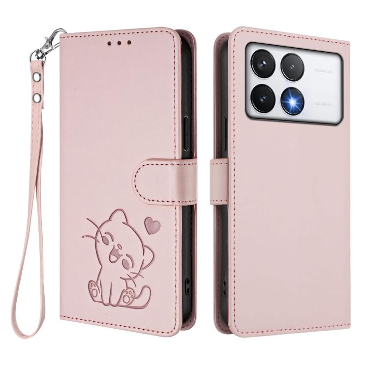 Embossed Heart Cat Leather Phone Case with Hand Strap, For Xiaomi Poco F6 Pro 5G, For Xiaomi Poco X6 Neo 5G, For Xiaomi Poco X6 Pro 5G / Redmi K70E 5G, For Xiaomi 14 Ultra 5G