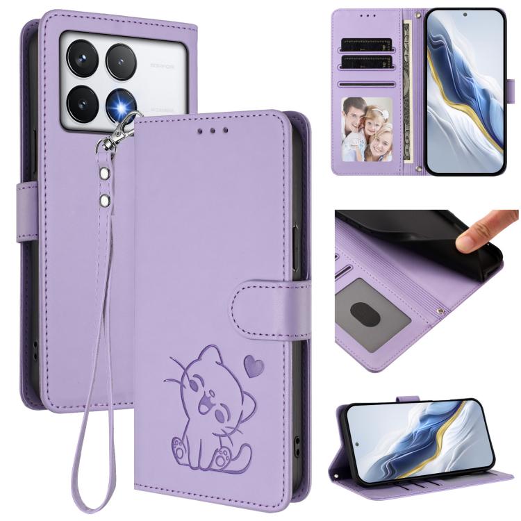 Embossed Heart Cat Leather Phone Case with Hand Strap, For Xiaomi Poco F6 Pro 5G, For Xiaomi Poco X6 Neo 5G, For Xiaomi Poco X6 Pro 5G / Redmi K70E 5G, For Xiaomi 14 Ultra 5G