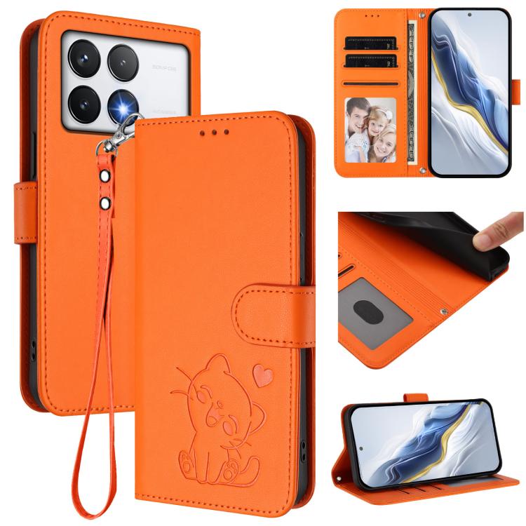 Embossed Heart Cat Leather Phone Case with Hand Strap, For Xiaomi Poco F6 Pro 5G, For Xiaomi Poco X6 Neo 5G, For Xiaomi Poco X6 Pro 5G / Redmi K70E 5G, For Xiaomi 14 Ultra 5G