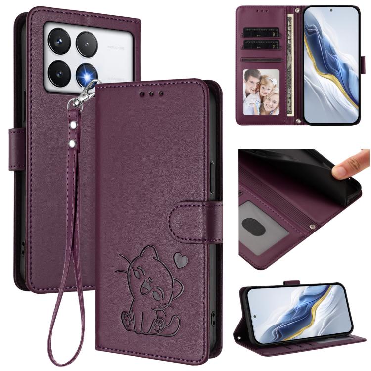 Embossed Heart Cat Leather Phone Case with Hand Strap, For Xiaomi Poco F6 Pro 5G, For Xiaomi Poco X6 Neo 5G, For Xiaomi Poco X6 Pro 5G / Redmi K70E 5G, For Xiaomi 14 Ultra 5G