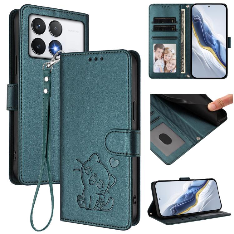 Embossed Heart Cat Leather Phone Case with Hand Strap, For Xiaomi Poco F6 Pro 5G, For Xiaomi Poco X6 Neo 5G, For Xiaomi Poco X6 Pro 5G / Redmi K70E 5G, For Xiaomi 14 Ultra 5G
