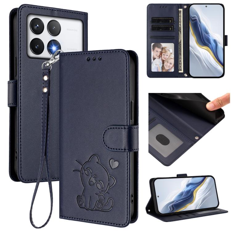 Embossed Heart Cat Leather Phone Case with Hand Strap, For Xiaomi Poco F6 Pro 5G, For Xiaomi Poco X6 Neo 5G, For Xiaomi Poco X6 Pro 5G / Redmi K70E 5G, For Xiaomi 14 Ultra 5G