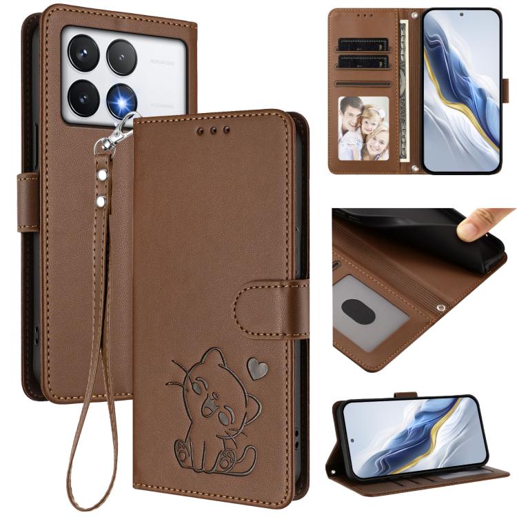 Embossed Heart Cat Leather Phone Case with Hand Strap, For Xiaomi Poco F6 Pro 5G, For Xiaomi Poco X6 Neo 5G, For Xiaomi Poco X6 Pro 5G / Redmi K70E 5G, For Xiaomi 14 Ultra 5G